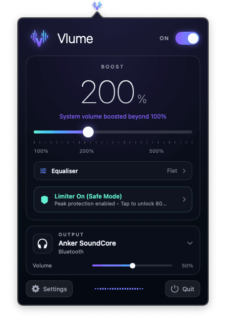 Vlume menu-bar app boosting system volume to 200%